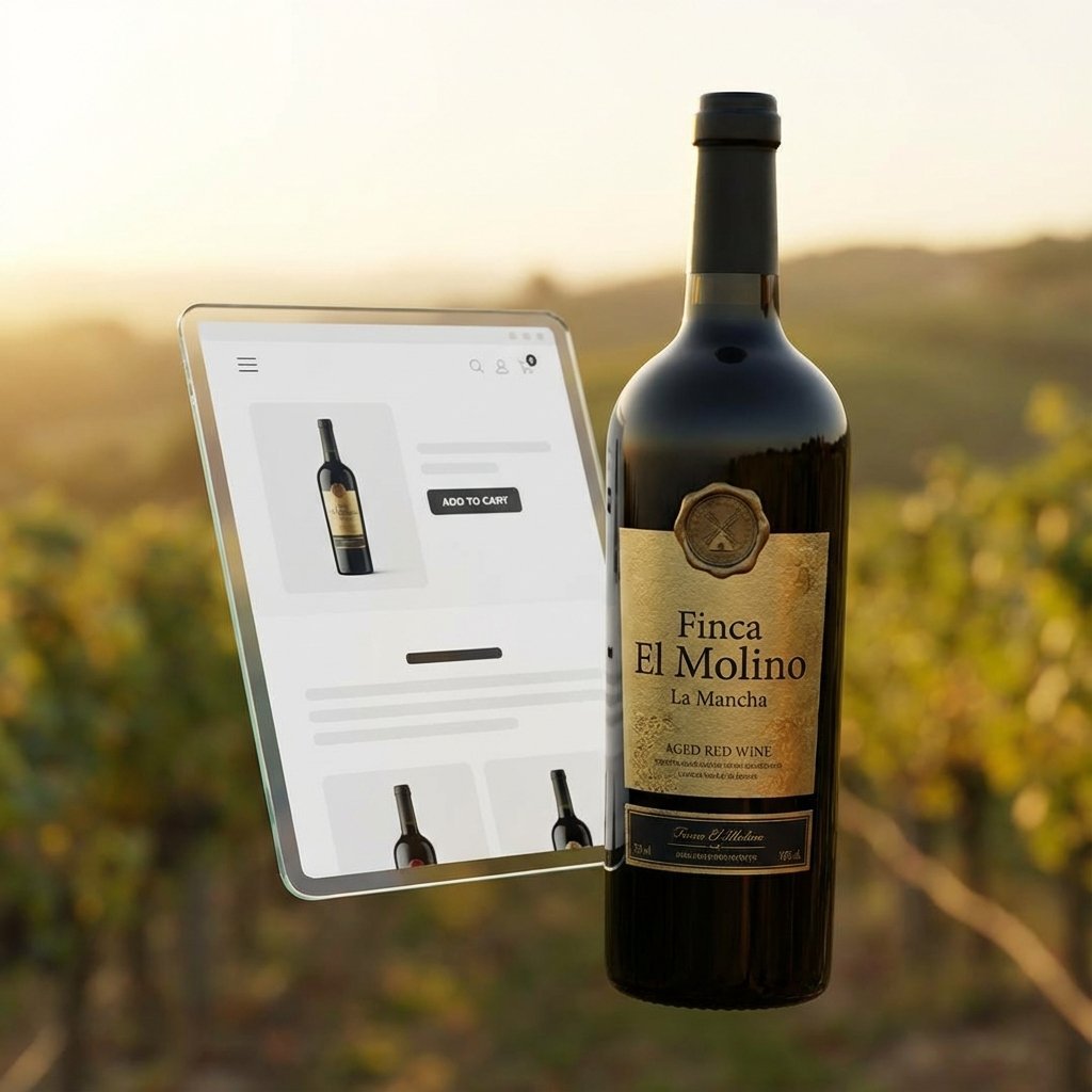 Botella de vino de Tomelloso con interfaz ecommerce digital